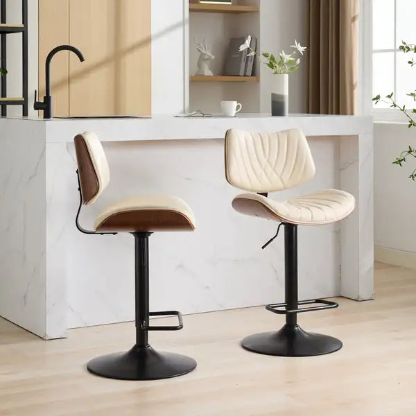 Adjustable Bentwood Bar Stools, Mid Century Modern, Black Leather, Swivel, Counter Height, Beige - Minihomy