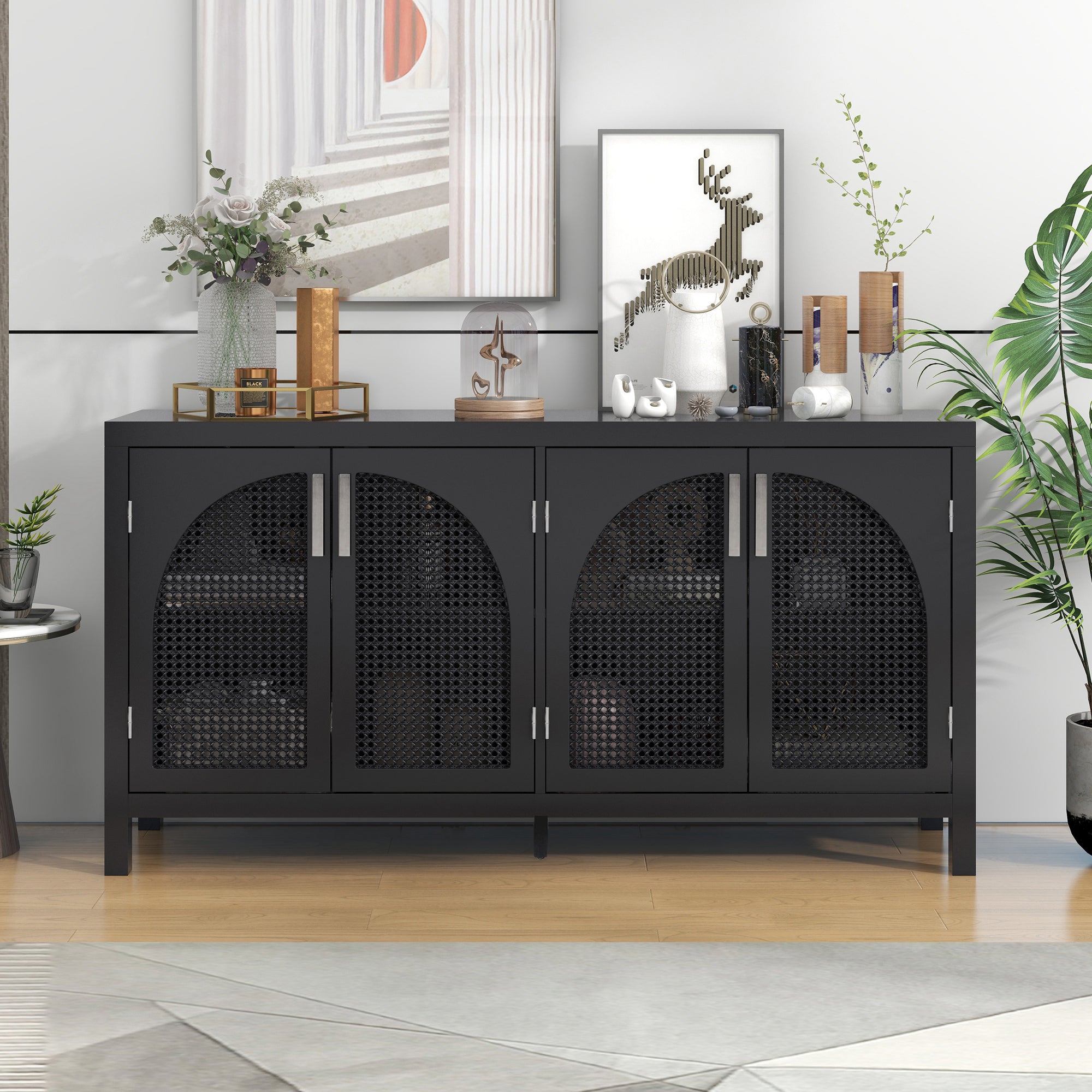 Large Storage Sideboard with Rattan Door & Metal Handles - Black - Living Room Entryway Furniture