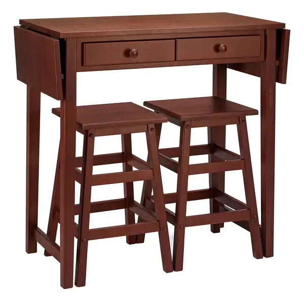 Handcrafted Kitchen Island Breakfast Table Set - 2 Drawers, Rubberwood, Stools, Walnut Brown