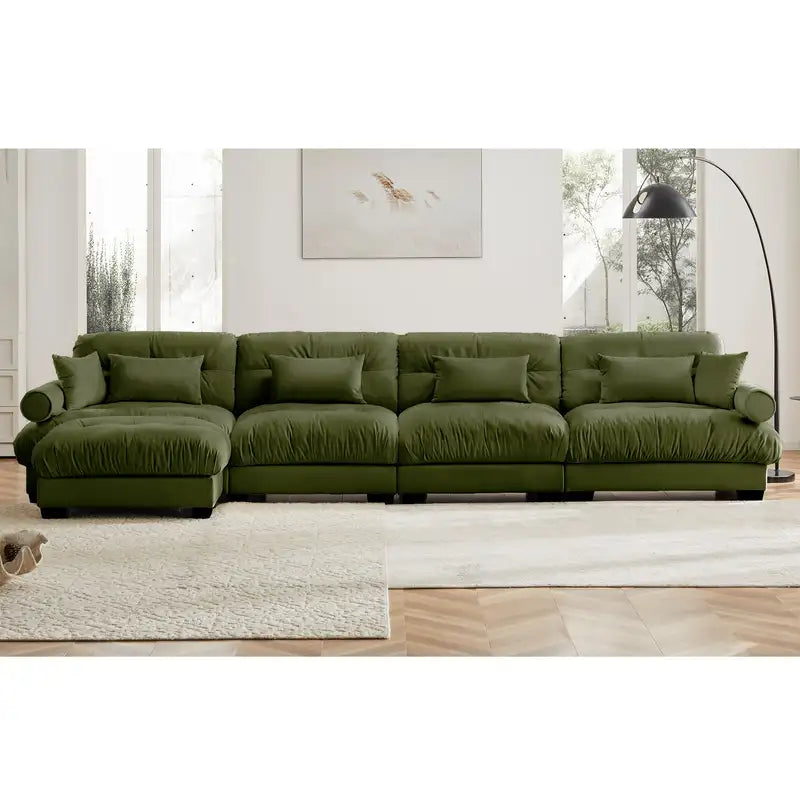 Olive Green Velvet L-Shaped Sectional Sofa with Pillows