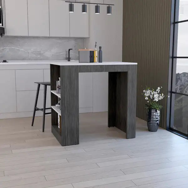 Kitchen Island with Shelves & Bar Table - Smokey Oak & Ibiza Marble Finish