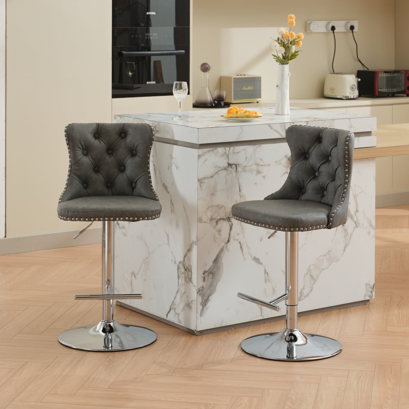 Beige Swivel Bar Stools with Backs, Adjustable Height, Chrome Base, Set of 2 - 1512GY