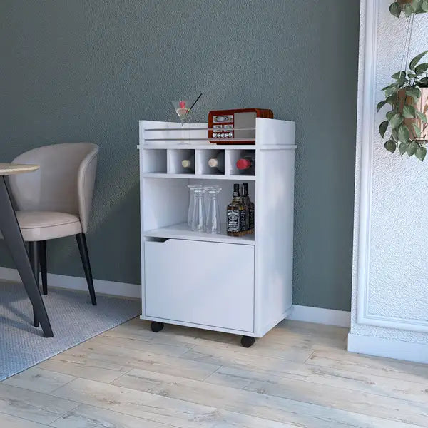 Hannah White 1-Door Bar Cart: Modern Serving Cart for Home Bars & Entertaining