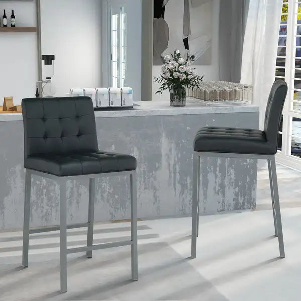 Modern Bar Stools, Set of 2, Black PU Leather with Metal Legs, Kitchen & Restaurant - Minihomy