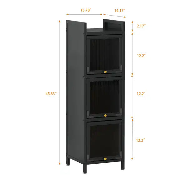 Modern 3-Tier Glass Door Cabinet | Entryway, Living Room, Bathroom, Dining Room - Matte Gray