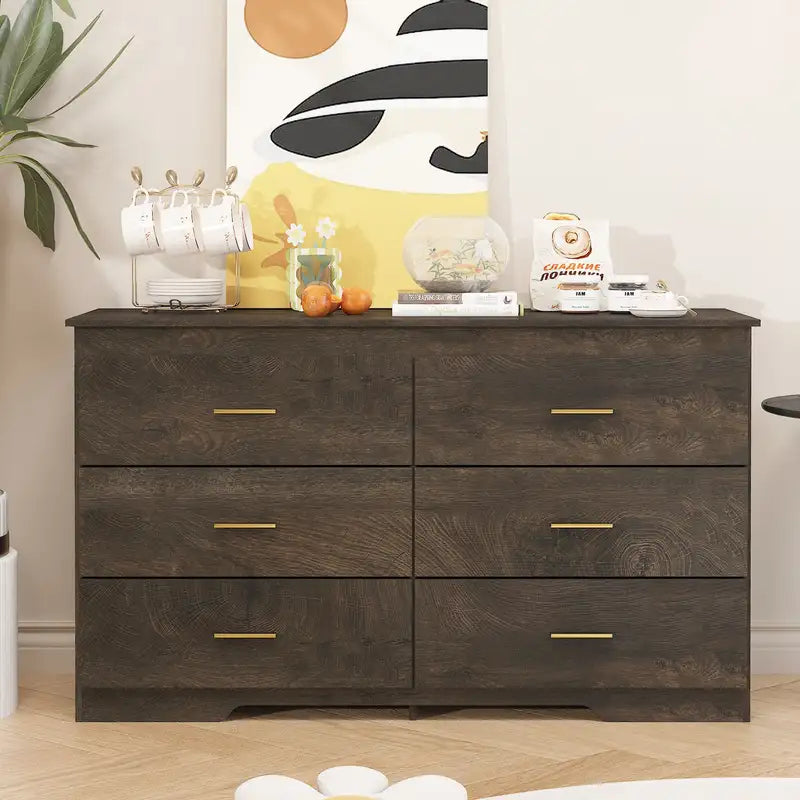 Gray Wood Grain Buffet Sideboard with Gold Handles - Storage Cabinet