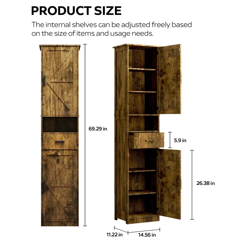 Tall 69" Bathroom Storage Cabinet with Barn Doors & Drawer - Adjustable Shelves