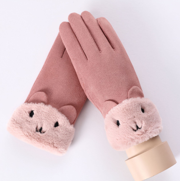 Winter Female Lace Warm Cashmere Three Ribs Cute Bear Mittens Double thick Plush