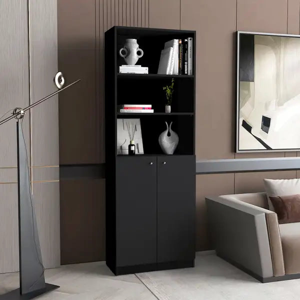 Black 2-Door Bookcase: Modern Storage Shelf for Home Office & Living Room