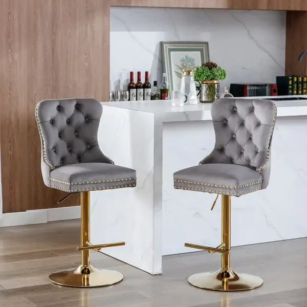 Gray Velvet Bar Stools with Backs - Adjustable Height, Set of 2 for Kitchen Island & Pub - Minihomy