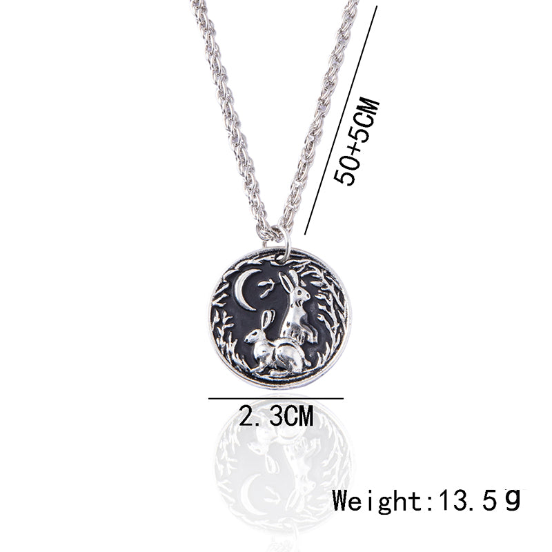 Cute Moon Rabbit Grass Antique Silver Pendant Necklace - Minihomy