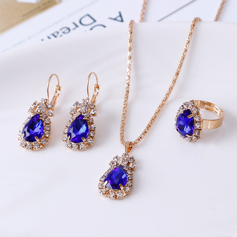 Water Drop Rhinestone Necklace Earrings Ring Set