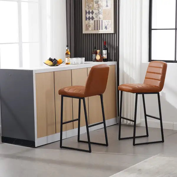 Brown PU Leather Bar Stools Set of 2 with Back & Footrest - Kitchen Breakfast Bar Stools - Minihomy