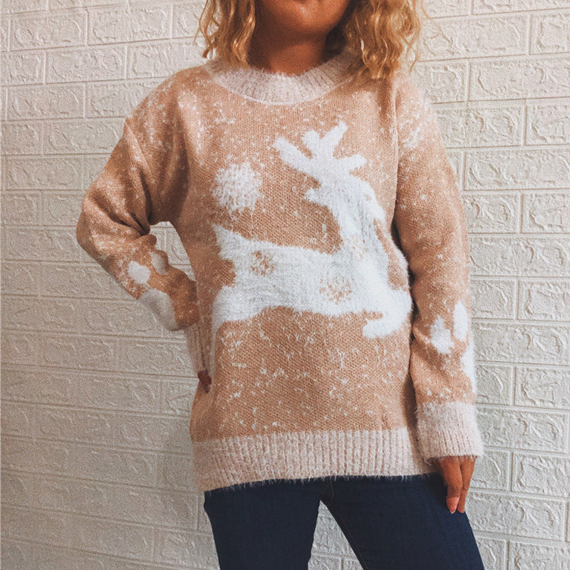 Fawn Snowflake Round Neck Knitted Pullover - Minihomy