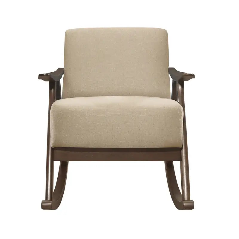 Modern Rocking Chair, Light Brown Fabric, Dark Walnut Wood