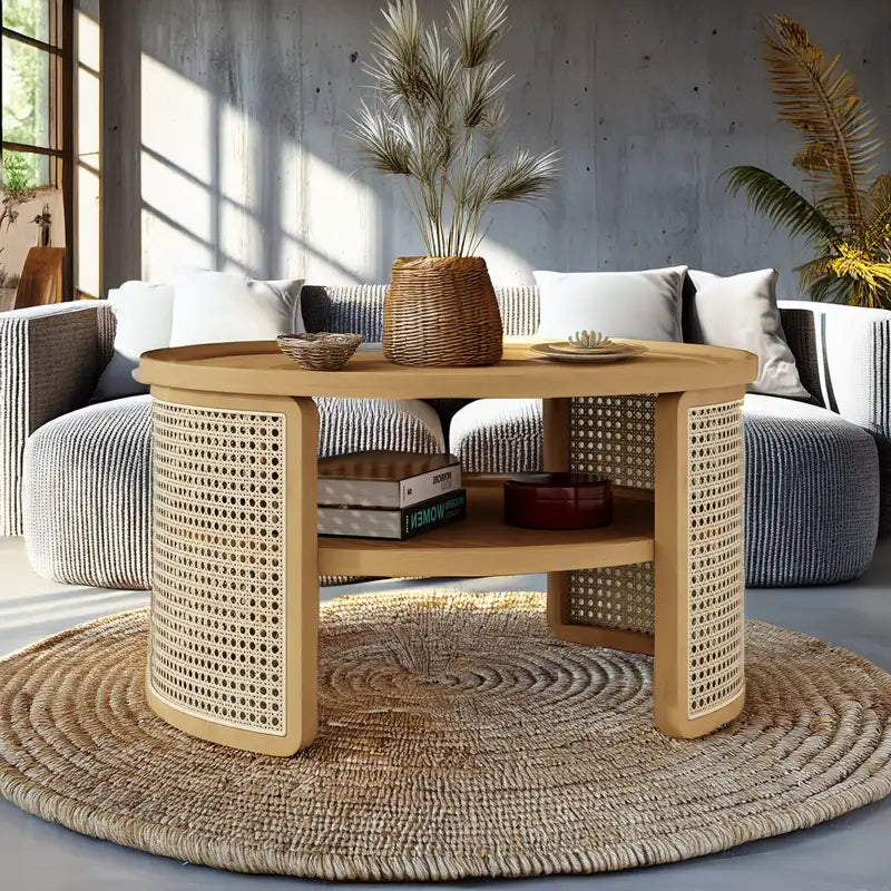 Round Wood Coffee Table with Storage & Rattan Base - 31.3"