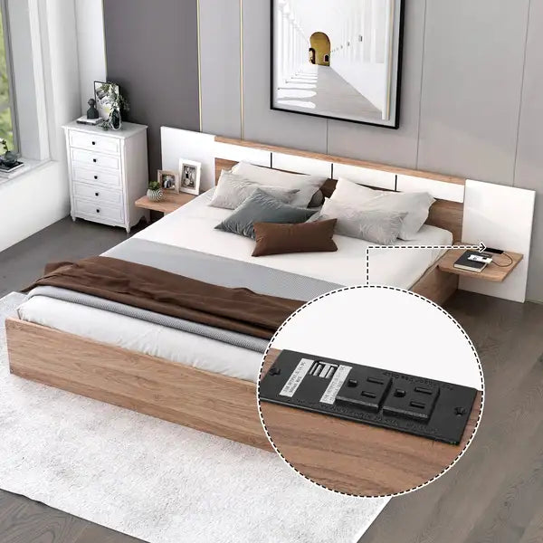 Queen Platform Bed with Headboard, Drawers, Shelves, USB & Outlets - Natural Wood