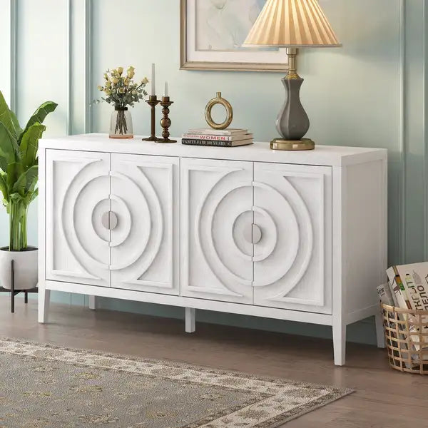 Retro Sideboard Door with Round Metal Handle - White - Circular Groove Design for Living Room, Dining Room, Entrance