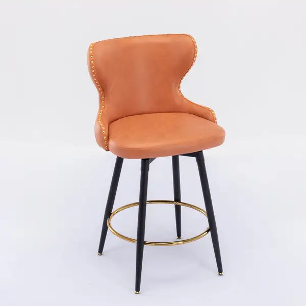 Modern Bar Stools, Set of 2, Swivel, Orange Leatherette, Gold Nailhead Trim - Minihomy