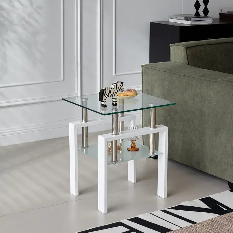 White Glass End Table with Storage - 2-Tier Side Table for Living Room