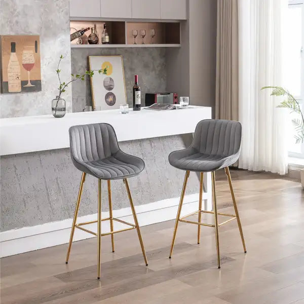 Set of 2 Gray Velvet Bar Stools with Chrome Footrest & Golden Legs - 30 Inch Counter Height