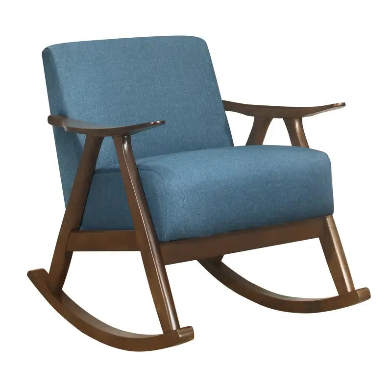 Blue Fabric Rocking Chair - Modern Dark Walnut Wood