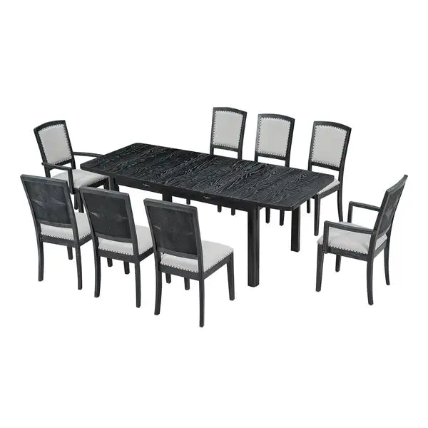 9 Piece Rustic Dining Table Set with Extendable Top, 6 Armless Chairs & 2 Arm Chairs, Black - Minihomy