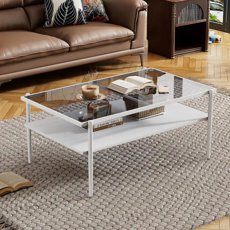 Modern Gray Glass Coffee Table with White Legs - Rectangle Living Room Table