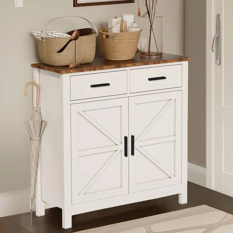 White Farmhouse Buffet Cabinet with 2 Drawers & 2 Doors - Kitchen & Living Room Storage