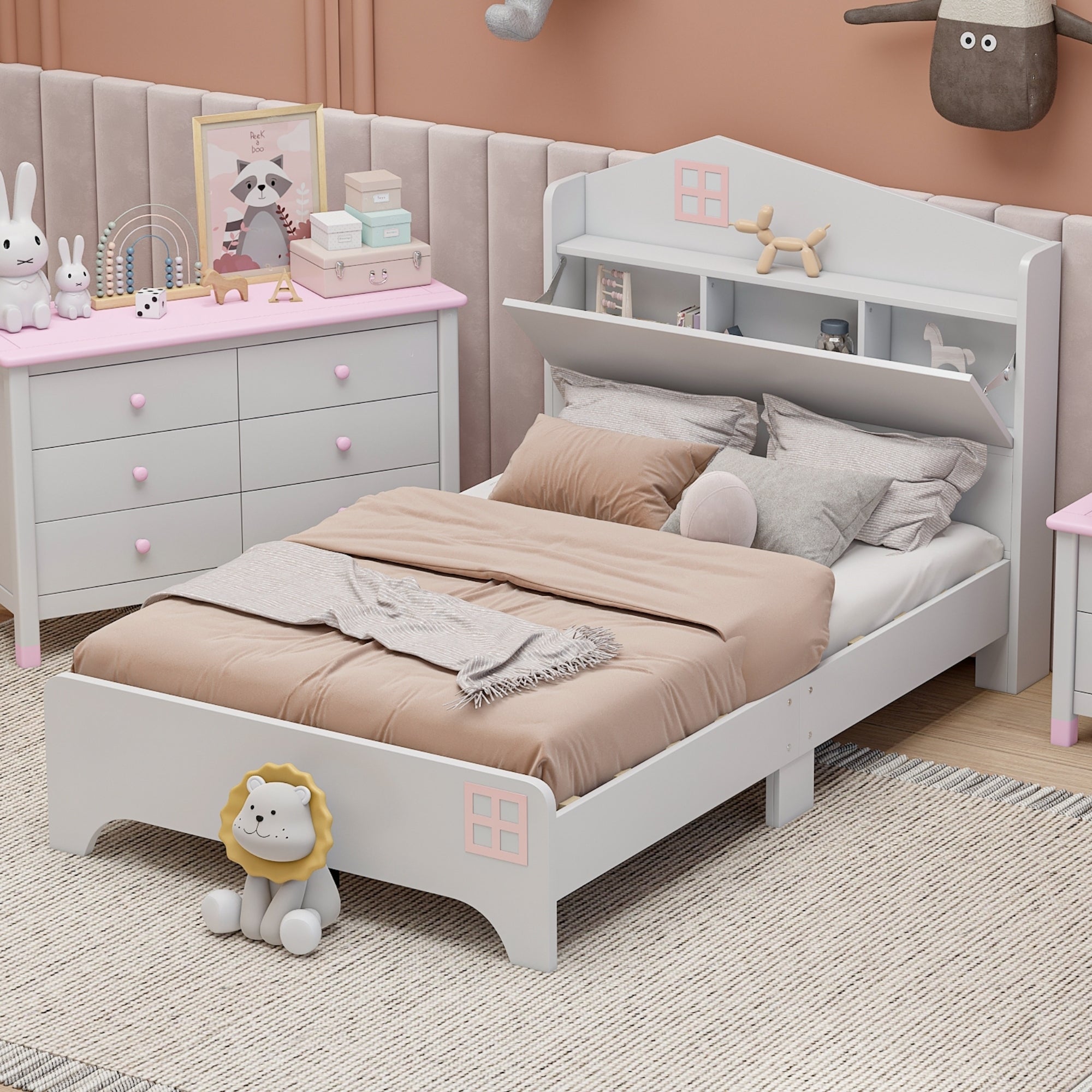 Twin Size Wooden House Bed with Storage | Kids Bed with Shelf - White