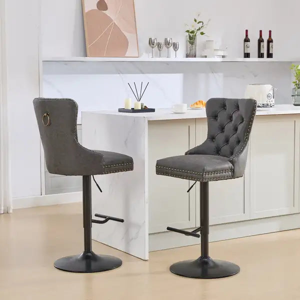 A&A Furniture Black Swivel Barstools, Adjustable Height 25-33", Tufted Back, Set of 2 - Minihomy