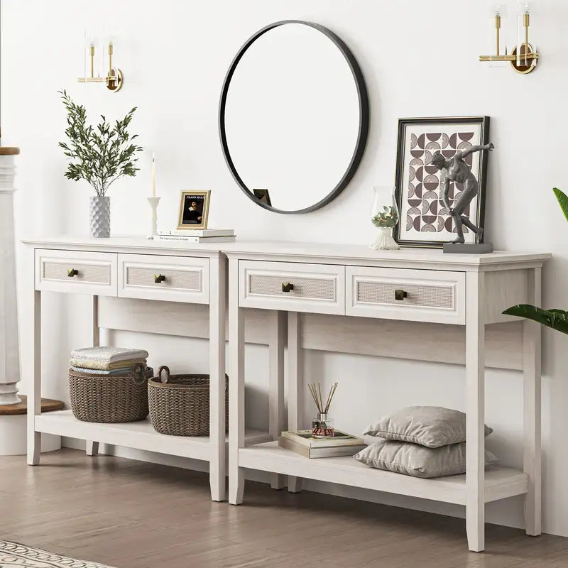 Boho Rattan Console Table: Narrow Entryway Sofa Table for Living Room