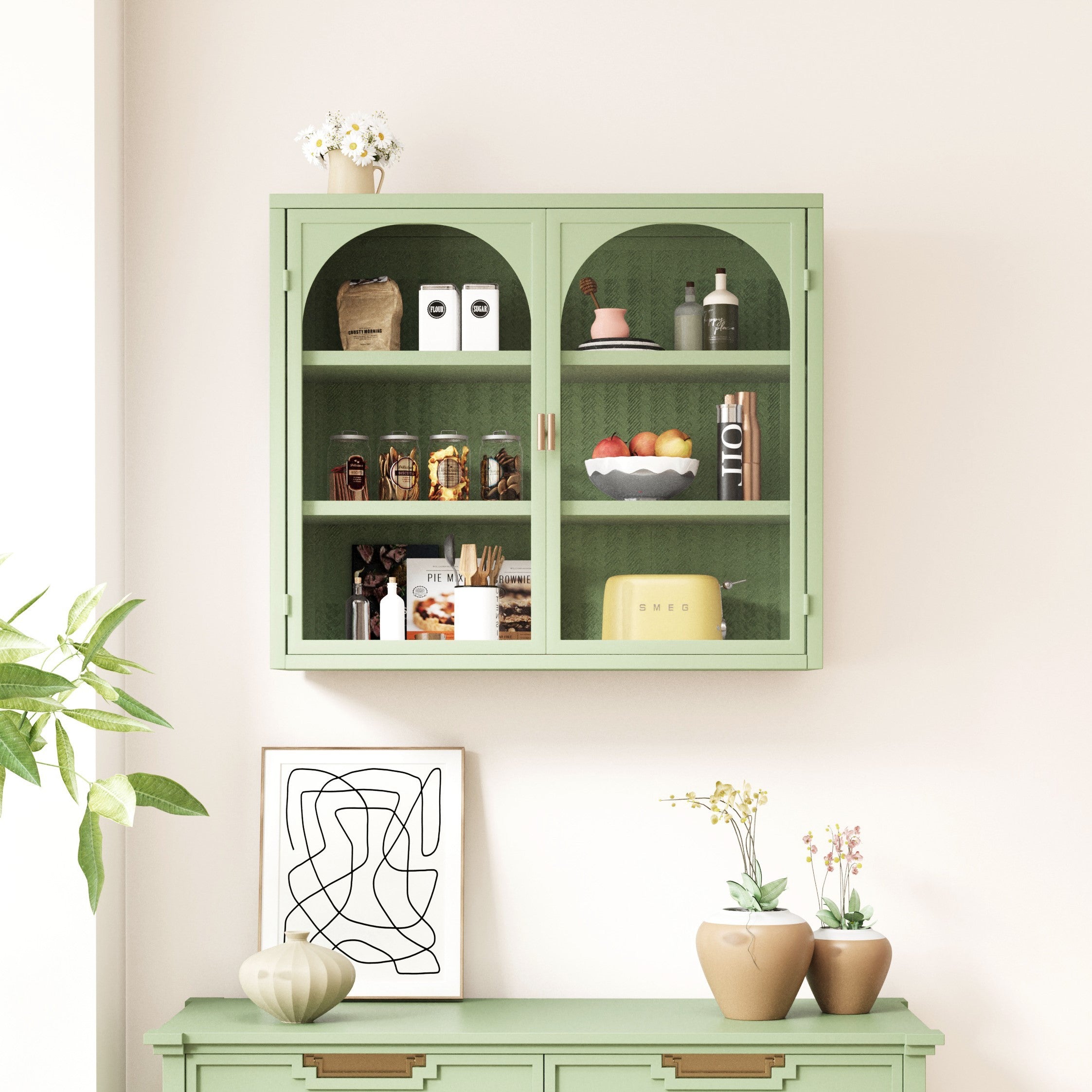 Modern Wall Cabinet with Woven Pattern - 27.56" Glass Doors, 3-Tier Storage - Green