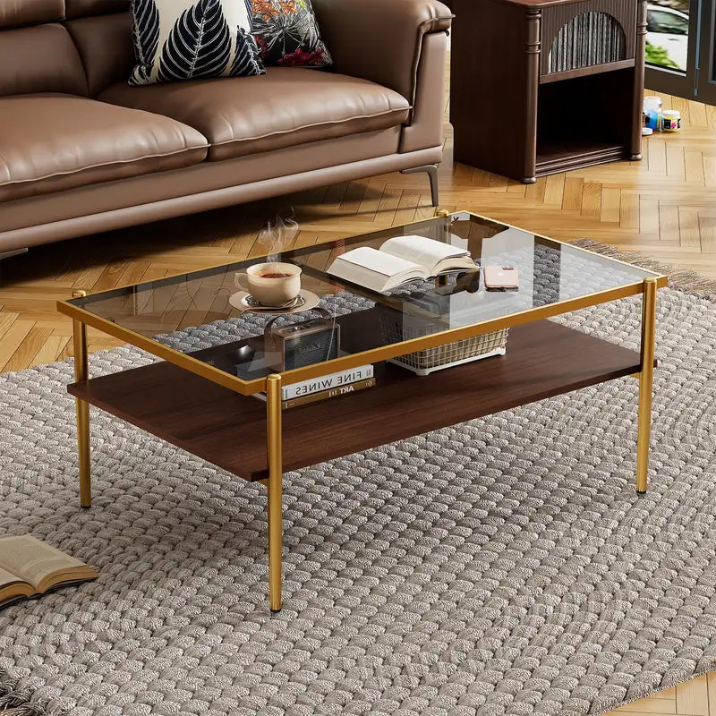 Modern Gray Glass Coffee Table with Gold Legs - Rectangle Living Room Table