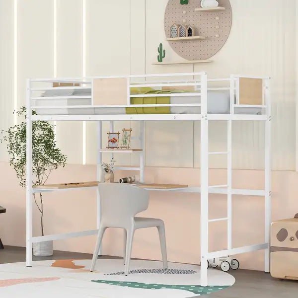 Twin Metal Loft Bed with Desk, Shelves & White Finish