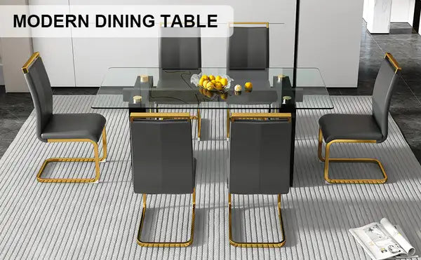 Modern Glass Dining Table Set for 6-8 | Minimalist Rectangle Table & Chairs - Minihomy