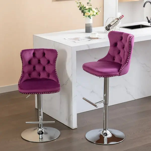 Purple Velvet Swivel Barstools with Backs - Adjustable Height, Chrome Base, Set of 2