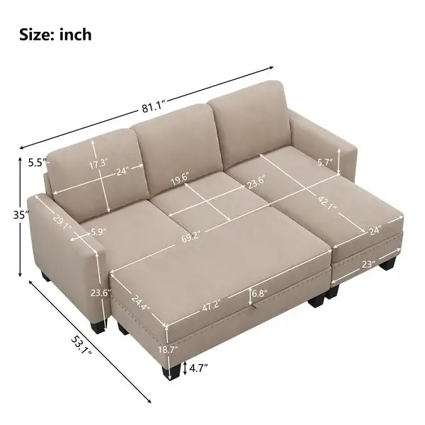 81" Reversible Sectional Sofa with Storage Chaise & Ottoman - Warm Grey Linen