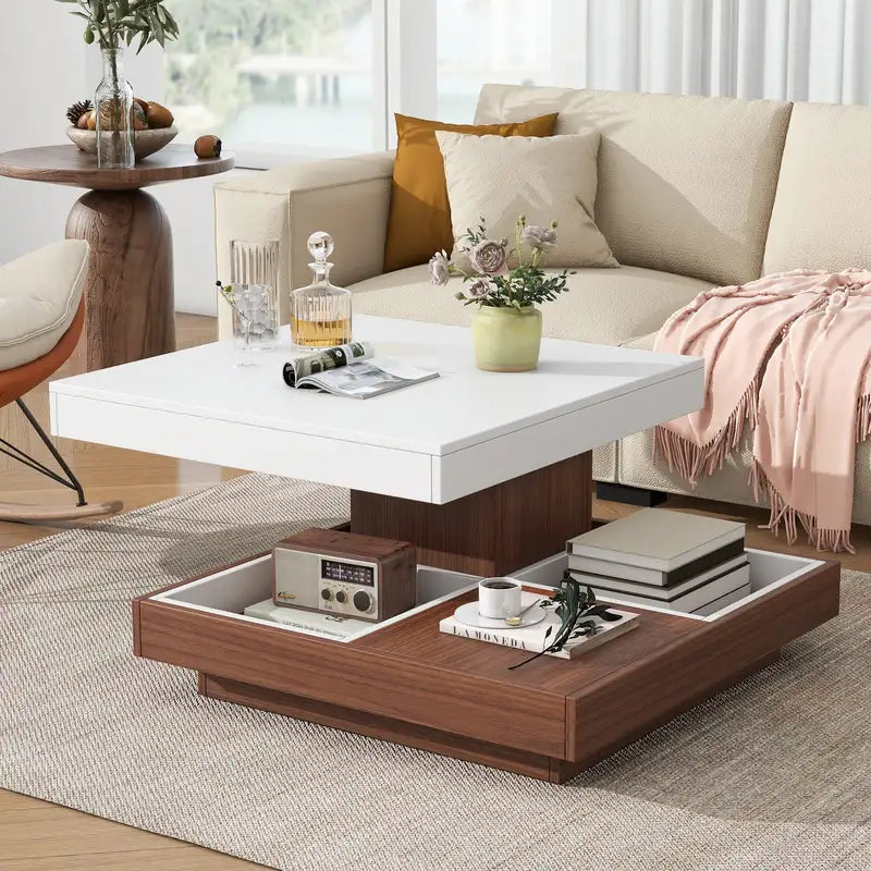 Modern Rotating Coffee Table with Storage - White Farmhouse Wood Center Table