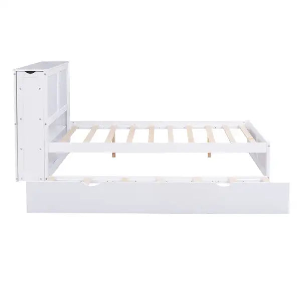 Full Size Platform Bed with Pull Out Shelves & Twin Trundle - White - Minihomy