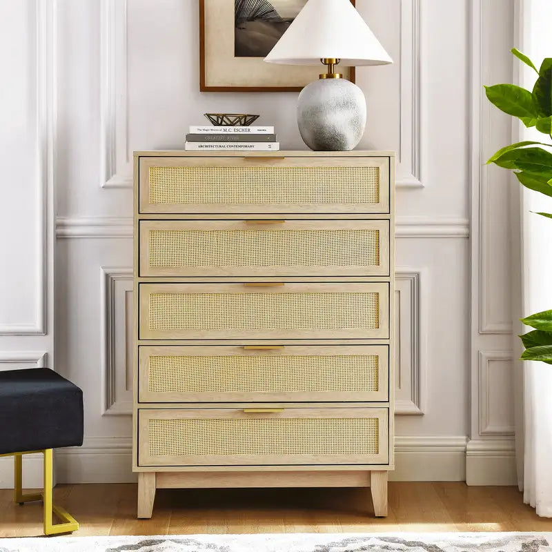 Modern Rattan 5-Drawer Dresser - Bedroom Storage Chest