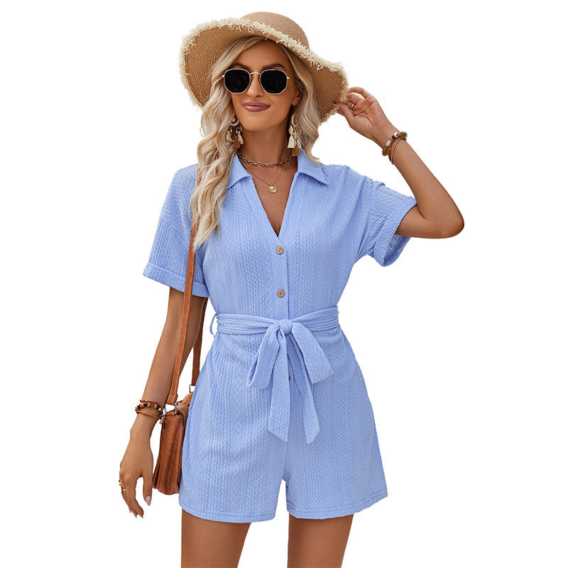 Women's Short-sleeved Shorts Jumpsuit Lace-up Turn-down Collar Solid Color Clothing Summer