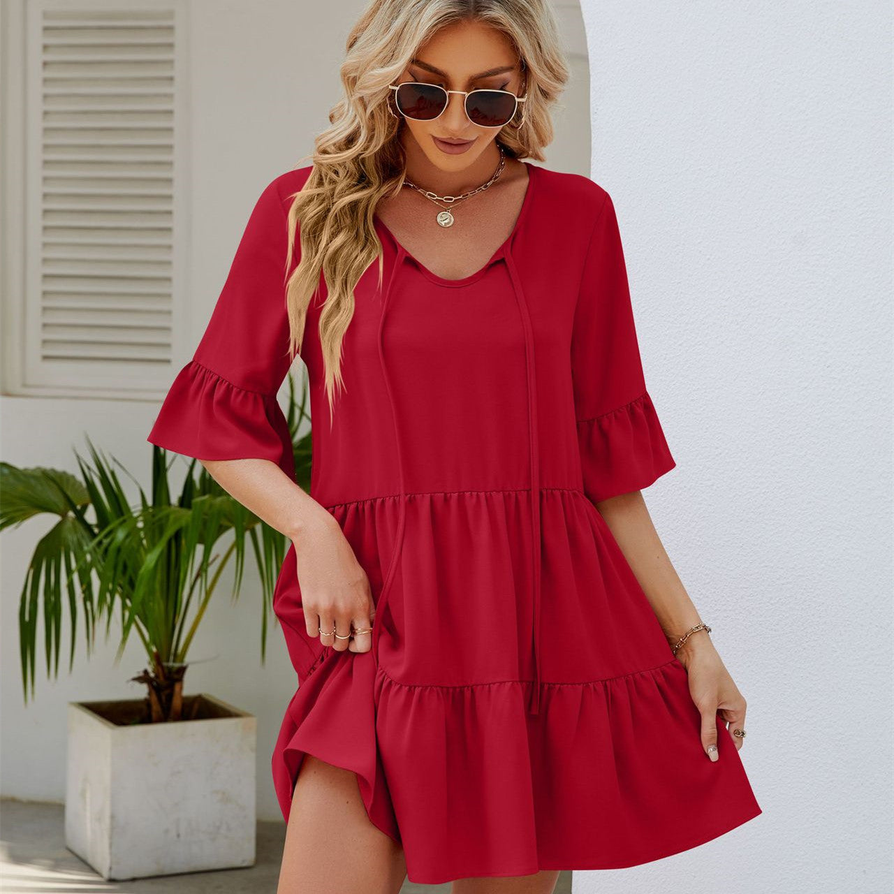 Women's Pleated Ruffled Short Sleeve Lace-up Dress