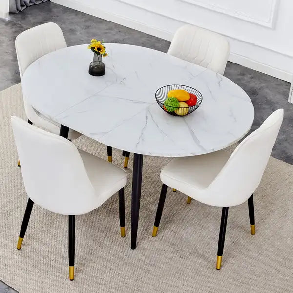 Modern Extendable Dining Table Set with 4 Chairs - MDF Table, PU Cushions, Black Metal Legs