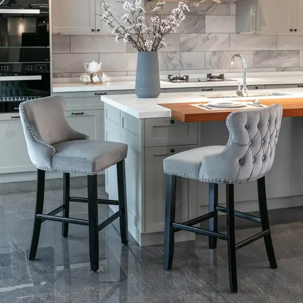 Gray Velvet Wingback Barstools Set of 4 with Button Tufted & Chrome Nailhead Trim - SW1824GY - Minihomy