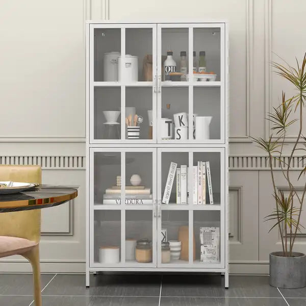 Metal Storage Cabinet with Glass Doors - Adjustable Shelves, Anti-Tip, Silent Close, Home & Office