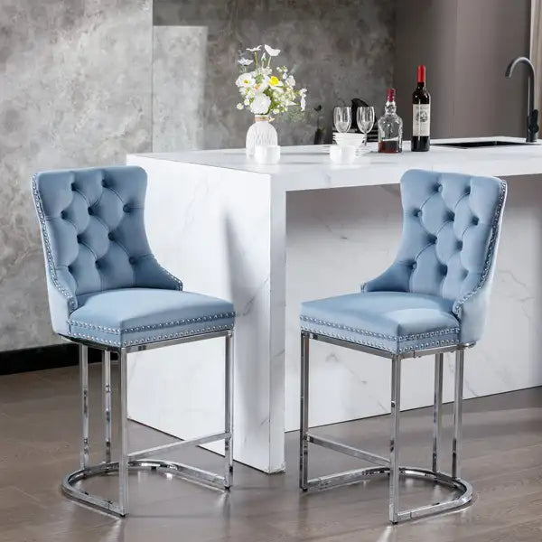 Modern Velvet Bar Stools Set of 2, Light Blue - Counter Height, Button Back & Rivet Trim, Chromed Metal Base - Minihomy