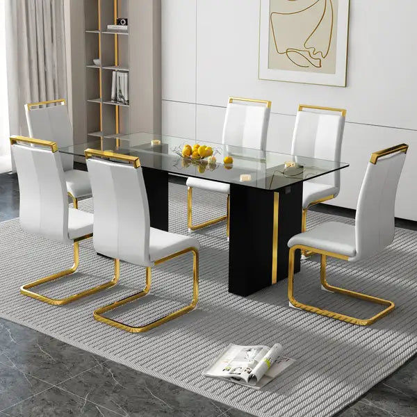 6-8 Person Modern Glass Dining Table Set with Minimalist Chairs - Minihomy