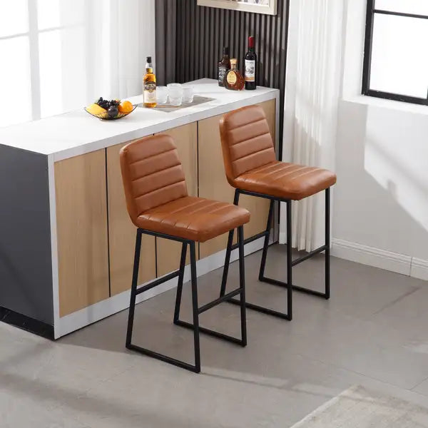 Brown PU Leather Bar Stools Set of 2 with Back & Footrest - Kitchen Breakfast Bar Stools - Minihomy