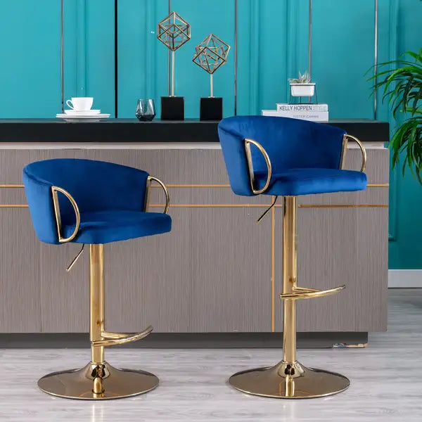 Set of 2 Swivel Bar Stools | Adjustable Height, Velvet Seat, Chrome Base - Navy Blue